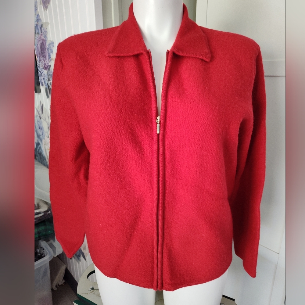 VTG KAREN SCOTT Women's Cardigan XL Red Wool Full Zip Gorgeous Quality *Read